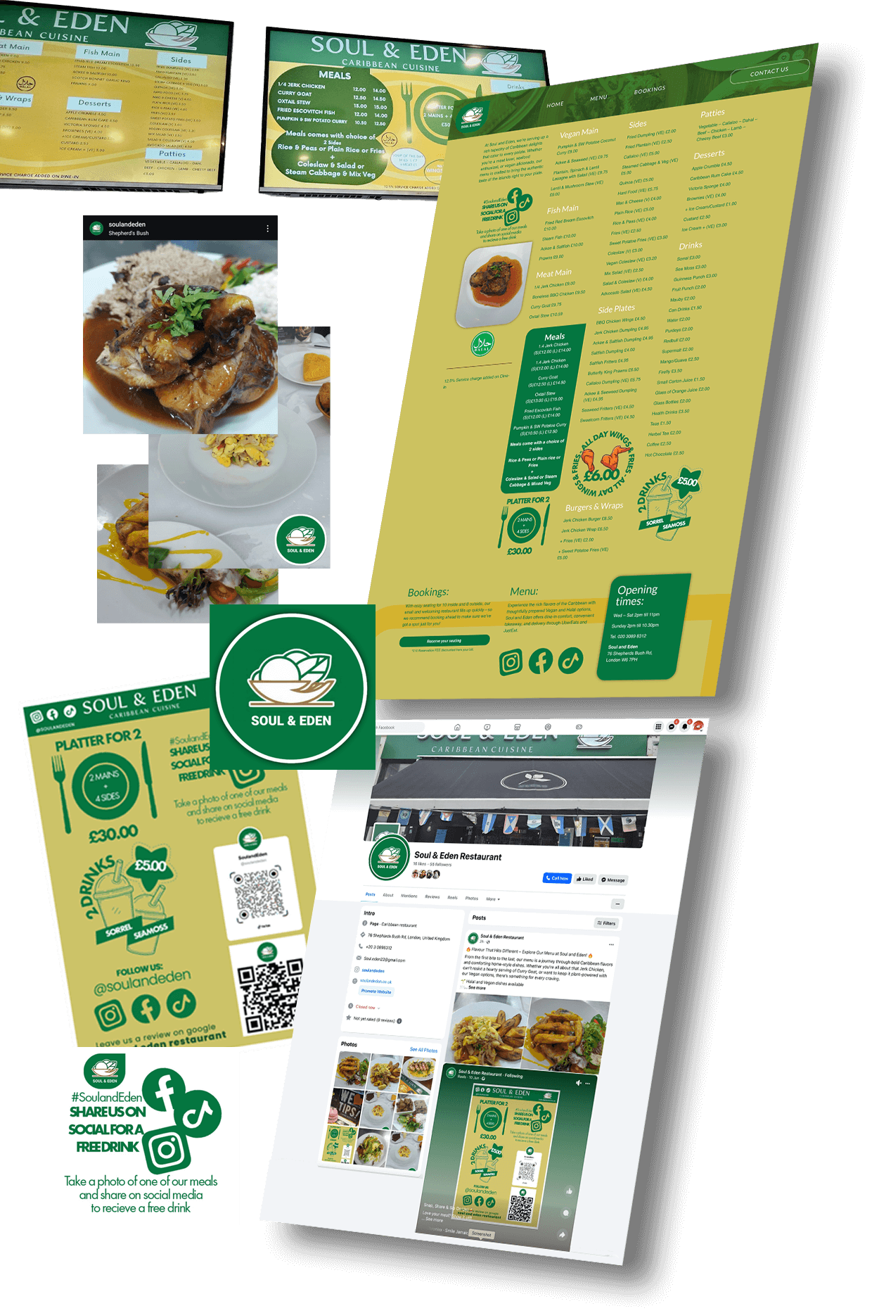 Website design, Social Media Posting, Campaigns, TV Screen, Signage and Food Menus